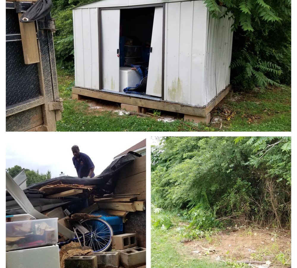 collaged pictures before and after of removal of shed