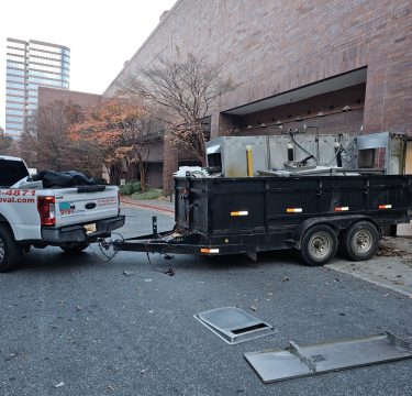 7W x 14L bumper pull trailer. It is loaded with a commercial dishwasher. It is pulled by a Ford 250 truck. For junk removal, call GOGO junk Removal at 678-888-4871